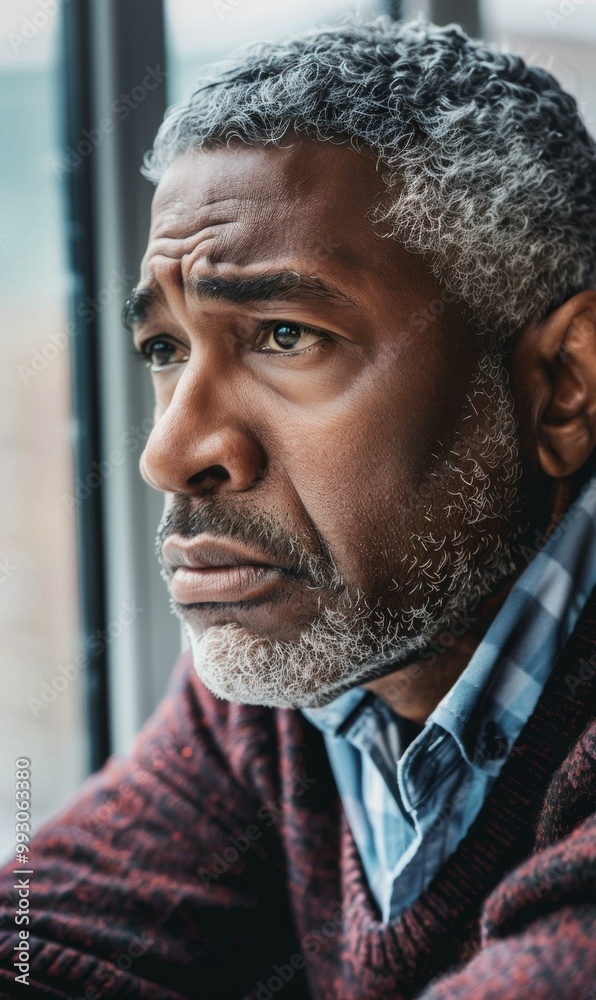 Fototapeta premium A man looks thoughtfully out a window. AI.