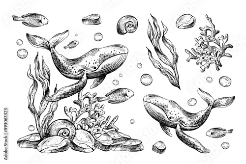 Underwater world clipart with sea animals whale, fishes, shells, coral and algae. Graphic illustration hand drawn in black ink. Set of isolated objects EPS vector.