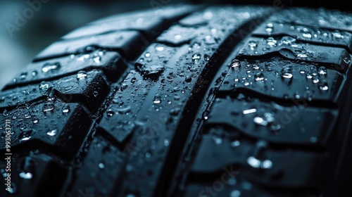 Close-Up of All-Season Tire Side Profile with Raindrops