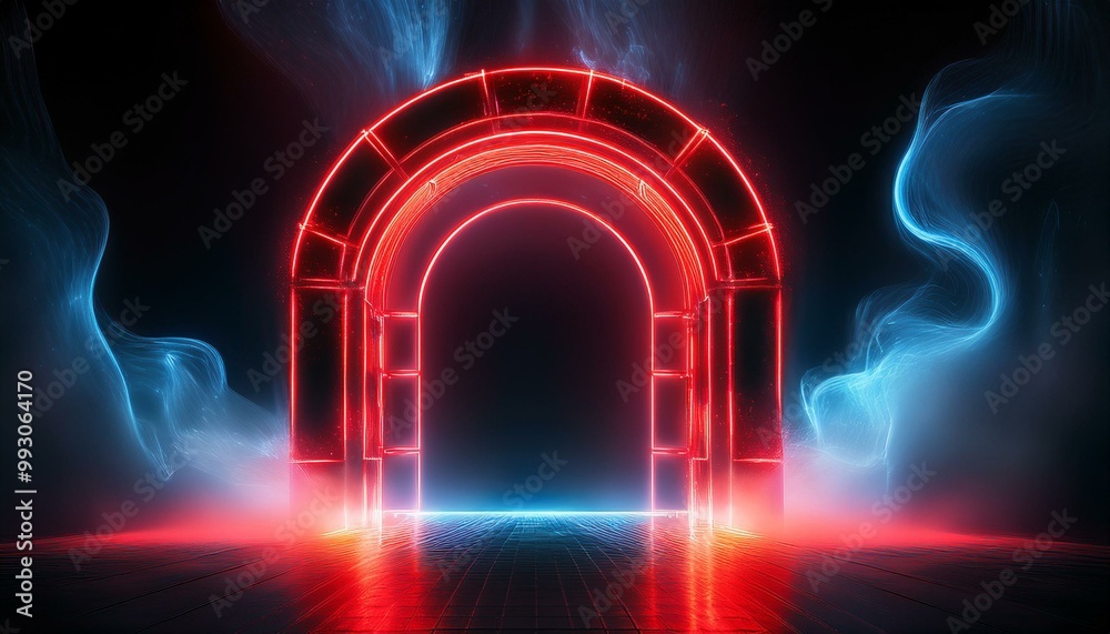 Neon light RED arch. A door with a glow of smoke in space. Portal frame with laser effect on a black background. Led beam in the shape of a gate.