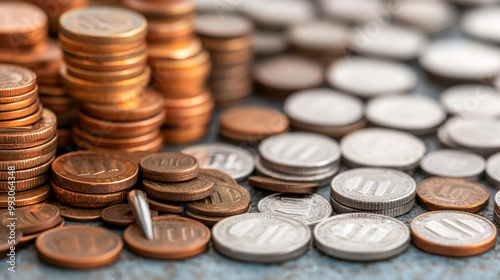 Coins stacked on a table, close-up view