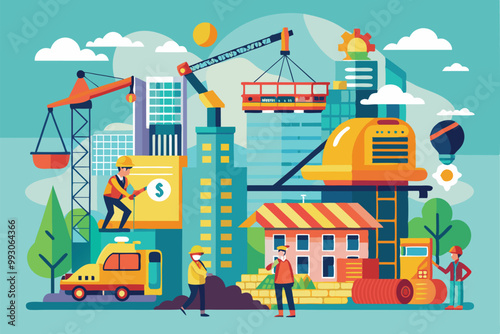 Workers engage in various construction activities with cranes and equipment amidst city buildings, Customizable semi-flat illustrations with construction costs.