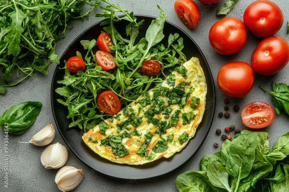 Spinach and Tomato Omelet with Arugula Salad and Garlic Spinach and Tomato Omelet with Arugula Salad and Garlic