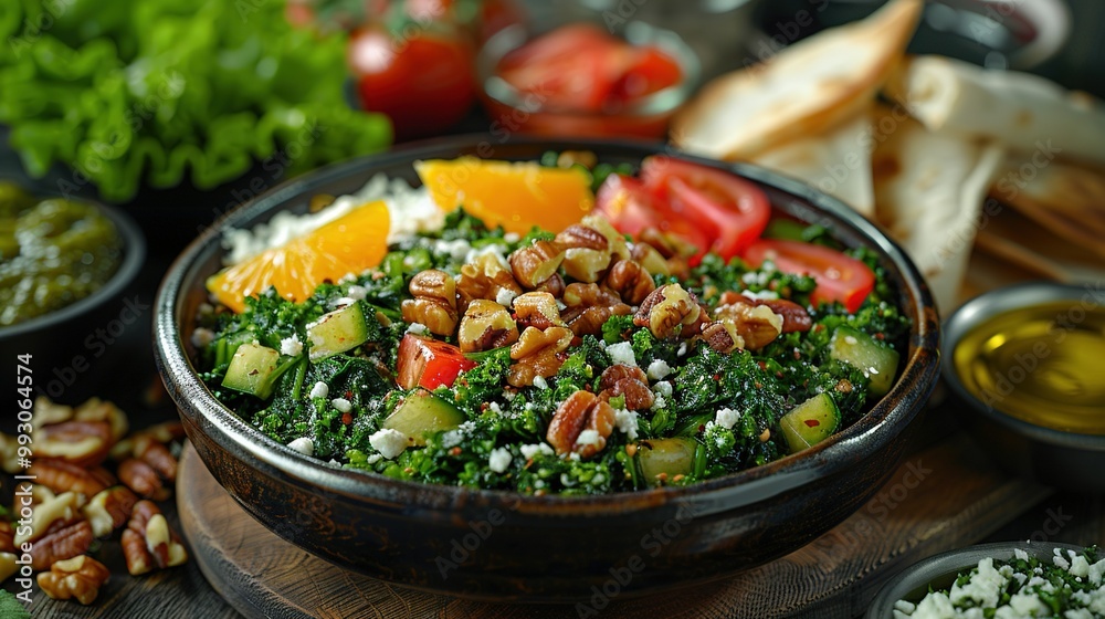 A close-up of a bowl of food on a table surrounded by bowls of food and condiments A close-up of a bowl of food on a table surrounded by bowls of food and condiments