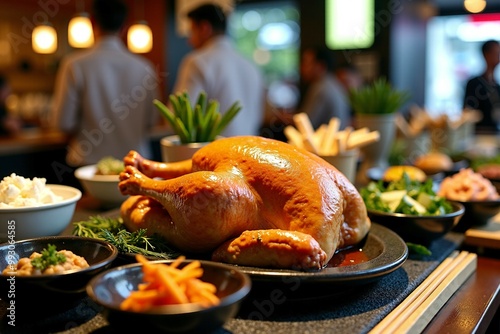 A domesticated turkey perches on a table surrounded by bowls of food, often used for Thanksgiving or fall-themed content photo