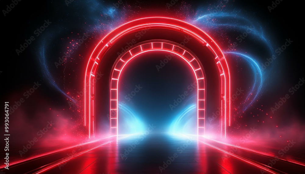 Neon light RED arch. A door with a glow of smoke in space. Portal frame with laser effect on a black background. Led beam in the shape of a gate. Neon light RED arch. A door with a glow of smoke in space. Portal frame with laser effect on a black background. Led beam in the shape of a gate.