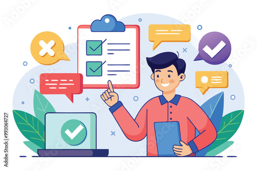 A person checks off tasks on a digital checklist while engaging in conversation through chat bubbles, Customizable semi-flat illustrations with a yes or no option.