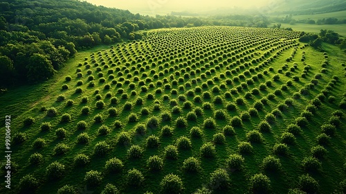 An aerial view of volunteers planting trees in a vast green field, with rows of saplings dotting the landscape, symbolizing large-scale reforestation and environmental conservation efforts.