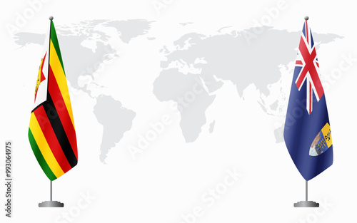 Zimbabwe and Saint Helena flags for official meeting against background of world map.