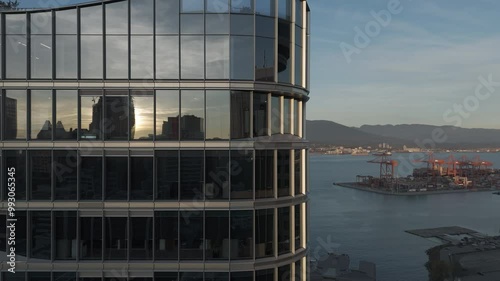Drone aerial of downtown Vancouver and port of Vancouver