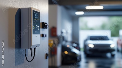 Close-Up of Energy Storage System in Modern Garage. Blurred Electric Vehicles and Solar Panels Background