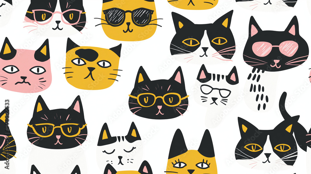 A drawing depicting cute cartoon cats, some with sunglasses, others without, some standing on their hind legs, all of them are made using simple shapes and bold lines A drawing depicting cute cartoon cats, some with sunglasses, others without, some standing on their hind legs, all of them are made using simple shapes and bold lines