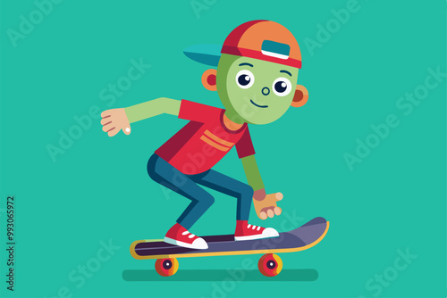 A young skateboarder rides confidently on a skateboard with a playful expression on a vibrant background, Customizable semi-flat skateboarding illustration.