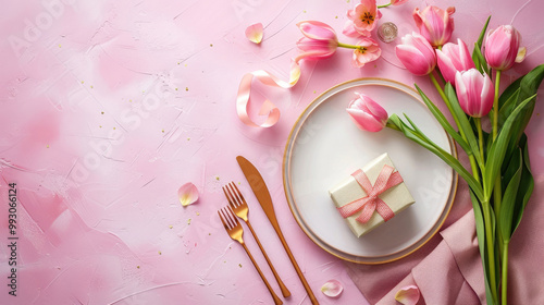 A pink Mothers Day table setting with golden cutlery, a plate, tulip flowers, and a gift box
