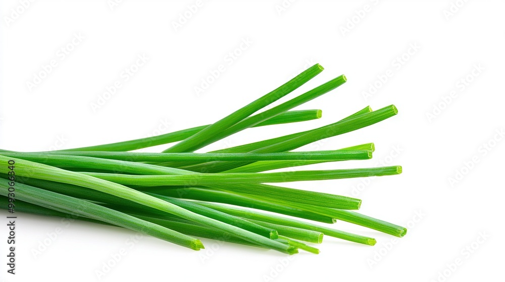   A close-up of green onions on a white background with a clipping mask for the upper portion of the image