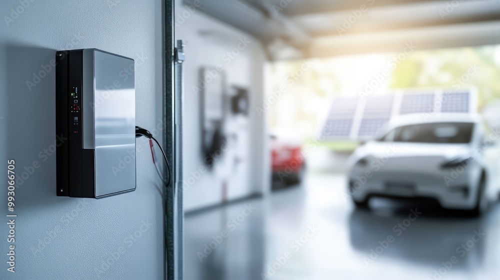 Close-Up of Energy Storage System in Modern Garage. Blurred Electric Vehicles and Solar Panels Background Close-Up of Energy Storage System in Modern Garage. Blurred Electric Vehicles and Solar Panels Background
