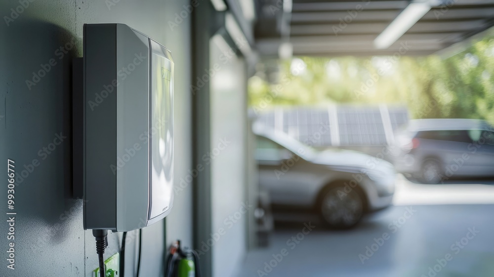 Close-Up of Energy Storage System in Modern Garage. Blurred Electric Vehicles and Solar Panels Background Close-Up of Energy Storage System in Modern Garage. Blurred Electric Vehicles and Solar Panels Background