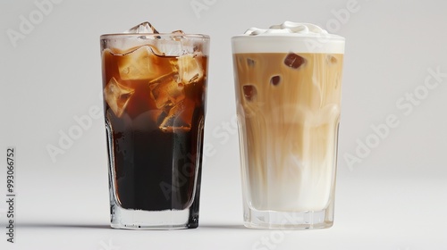 Minimalist presentation of two tall glasses, one with black iced coffee and the other with a latte with milk, set against a plain white background with clear copy space.