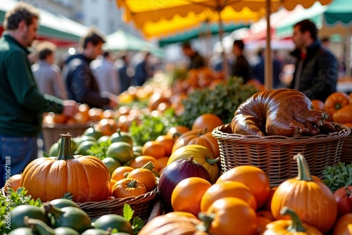 A colorful display of fresh fruits and vegetables at a bustling market, ideal for use in food-related content or marketing materials photo