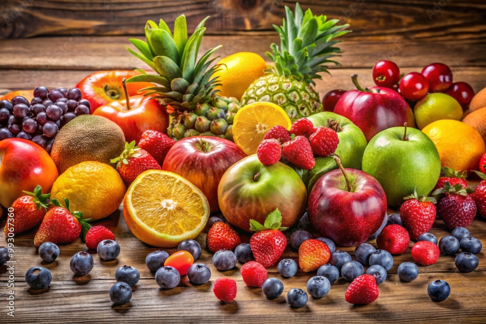 A lively selection of organic fruits arranged on a wooden table, inspiring a healthy lifestyle with vibrant colors A lively selection of organic fruits arranged on a wooden table, inspiring a healthy lifestyle with vibrant colors