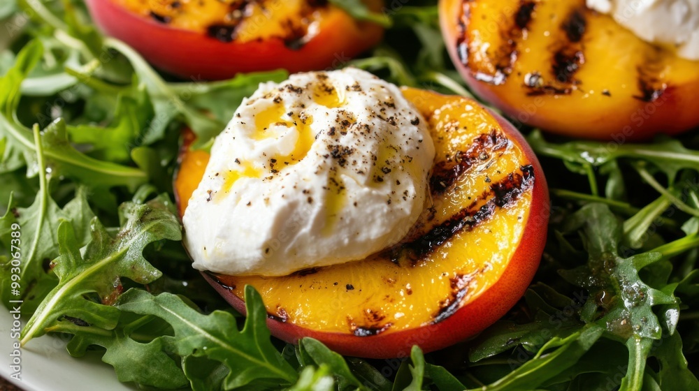 Grilled Peach with Burrata Cheese on Greens Grilled Peach with Burrata Cheese on Greens