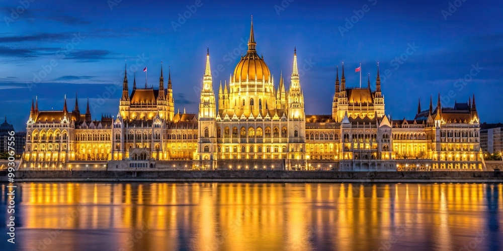 Obraz premium Budapest, Parliament Building, splendor, reflected, illuminated, Nighttime Splendor Orszaghaz Parliament Building Illuminated in Budapest Reflected