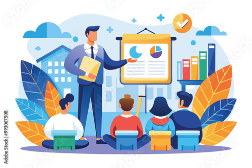 A speaker presents charts and graphs to a group of attentive listeners in a vibrant outdoor setting, Customizable seminar illustration with a semi-flat design.
