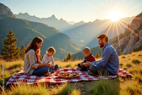 A family enjoying a picnic in the mountains with beautiful scenery and nature