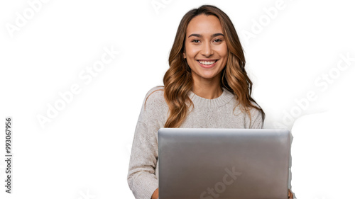 Confident Woman Holding Laptop on Transparent Background – Isolated Professional Portrait