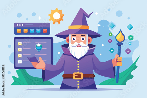 A wizard presents a customizable setup wizard in a colorful, magical design, showcasing various options, Customizable setup wizard with disproportionate illustration.