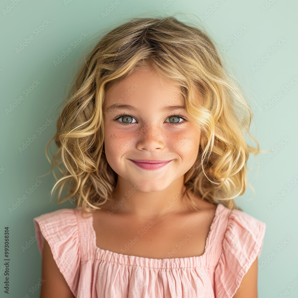 Portrait of a smiling young girl with honey blonde curls against a pastel background Portrait of a smiling young girl with honey blonde curls against a pastel background