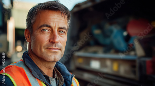 Portrait of a waste collector in reflective vest on the job