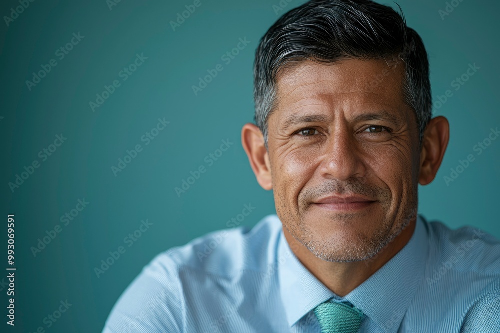 Close-up Portrait of a Smiling Middle-Aged Man in a Blue Dress Shirt Close-up Portrait of a Smiling Middle-Aged Man in a Blue Dress Shirt