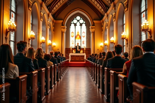 Group of people seated in pews, likely attending a religious service