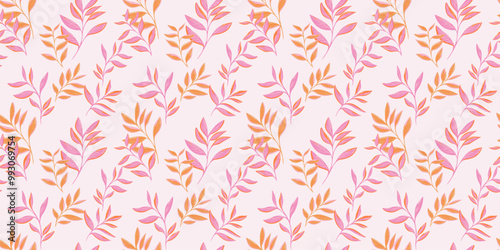 Colorful pattern with abstract artistic branches leaves. Stylized leaf stems print. Vector hand drawing illustration. Nature ornament for textiles, fabric, wallpaper