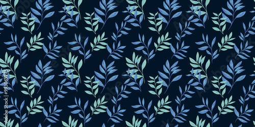 Abstract artistic branches leaves seamless pattern on a dark background. Stylized leaf stems print. Vector drawing illustration. Nature ornament for textiles, fabric, wallpaper