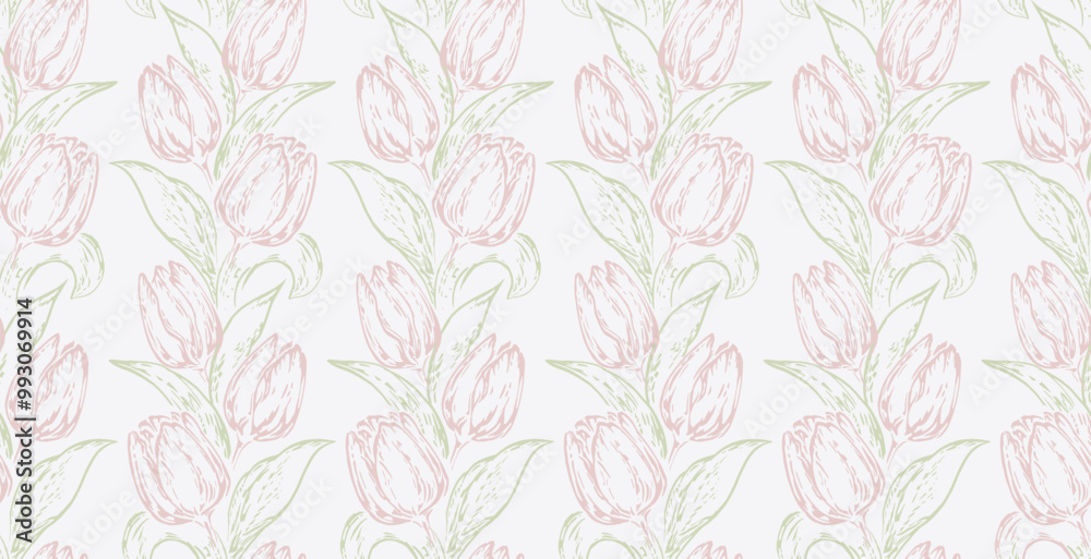 Pastel seamless pattern with abstract flowers tulips and leaves Vector drawing contour silhouettes, line, outlines floral print. Plain nature ornament for designs, textiles, cover, fabric Pastel seamless pattern with abstract flowers tulips and leaves Vector drawing contour silhouettes, line, outlines floral print. Plain nature ornament for designs, textiles, cover, fabric