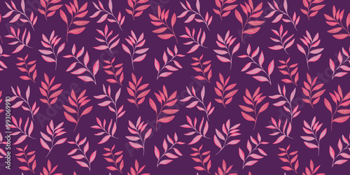 Burgundy seamless  pattern with abstract artistic tiny branches leaves. Stylized small leaf stems print. Vector drawing illustration. Nature ornament for textile, fabric, wallpaper