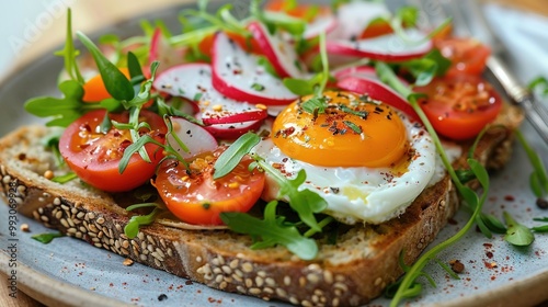  Close-up shot of a plate of food featuring juicy tomatoes and a perfectly cooked egg on top of a slice of toasted bread, with a fork ready to take the first bite