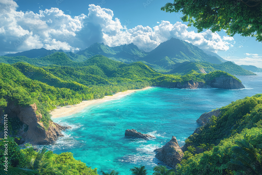 Fototapeta premium A panoramic view of a tropical island with rolling hills, lush forests, and clear blue waters,