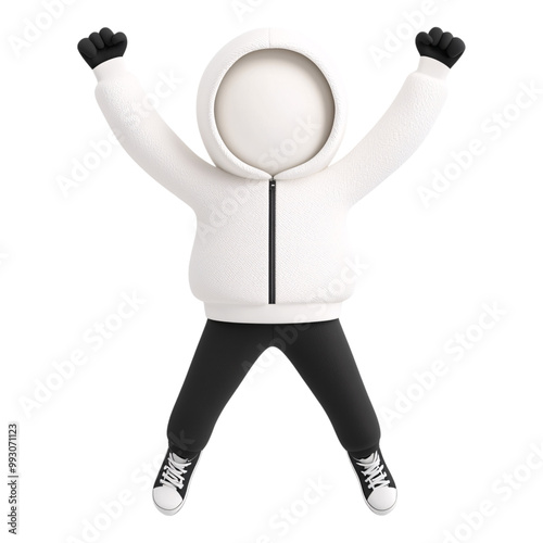 3D illustration of a faceless character wearing a white hoodie, black pants, and sneakers, with arms raised in excitement, isolated on white background. photo