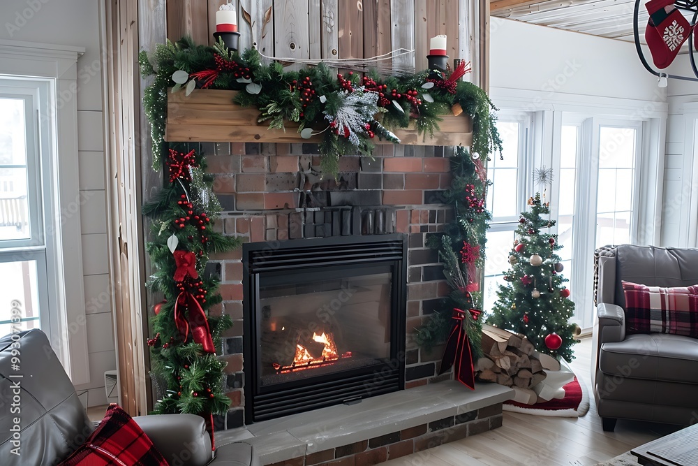 Cozy Christmas Fireplace with Decorated Mantel, Green Garland, and Burning Fire Illustration Cozy Christmas Fireplace with Decorated Mantel, Green Garland, and Burning Fire Illustration