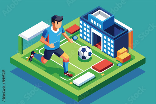 A player runs towards a soccer ball on a bright, customizable isometric field with nearby structures, Customizable soccer illustration in isometric style.