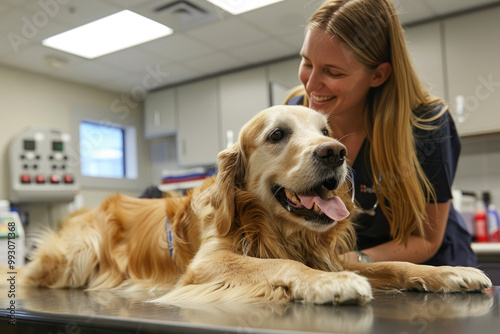 Wallpaper Mural Smiling Woman Bonding with Happy Golden Retriever at Veterinary Clinic Torontodigital.ca
