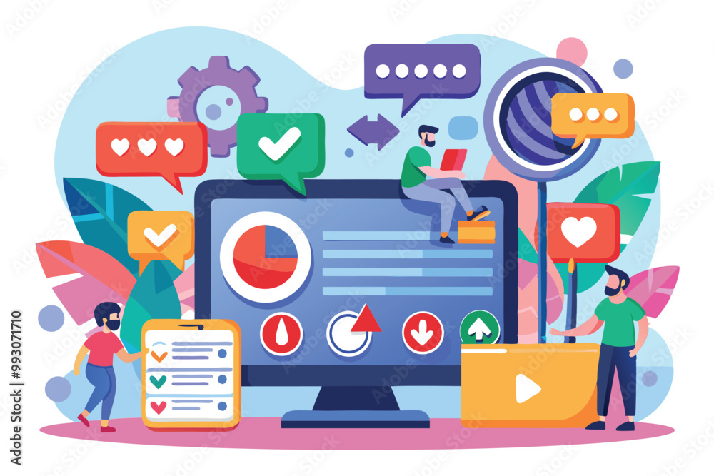 A group of people interacts with digital elements while demonstrating social media updates and engagement, Customizable social update with disproportionate illustration. A group of people interacts with digital elements while demonstrating social media updates and engagement, Customizable social update with disproportionate illustration.