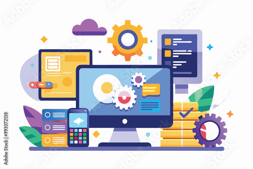 The setup displays various tech elements integrated for customizable software solutions, emphasizing efficiency, Customizable software integration with semi-flat illustration.