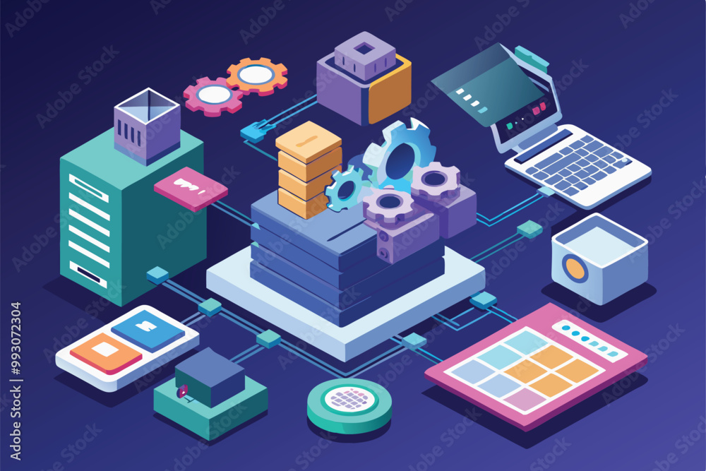 The illustration showcases various components and devices connecting for customizable software integration, Customizable flat illustration for software integration. The illustration showcases various components and devices connecting for customizable software integration, Customizable flat illustration for software integration.