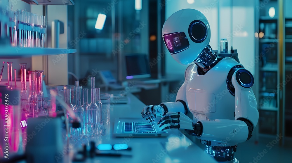 A humanoid robot works on a laptop in a laboratory.