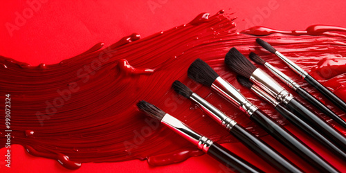 Black makeup brushes and strokes of black makeup on a white background, showcasing tools for artistry and beauty applications. photo