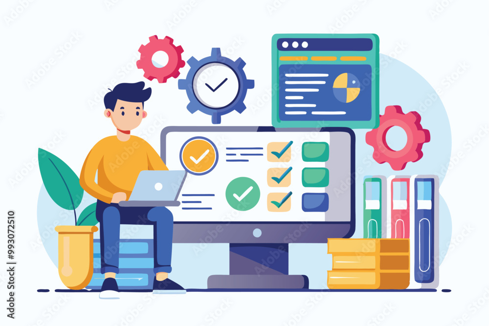 A software tester uses a laptop in a contemporary workspace filled with charts and colorful gears, Customizable software tester illustration in a semi-flat style. A software tester uses a laptop in a contemporary workspace filled with charts and colorful gears, Customizable software tester illustration in a semi-flat style.